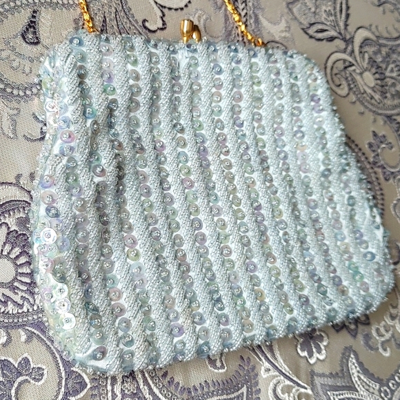 Vintage Richere Clutch Evening Bag Made in Hong Kong Sequined Beads Aqua Blue - Picture 4 of 17